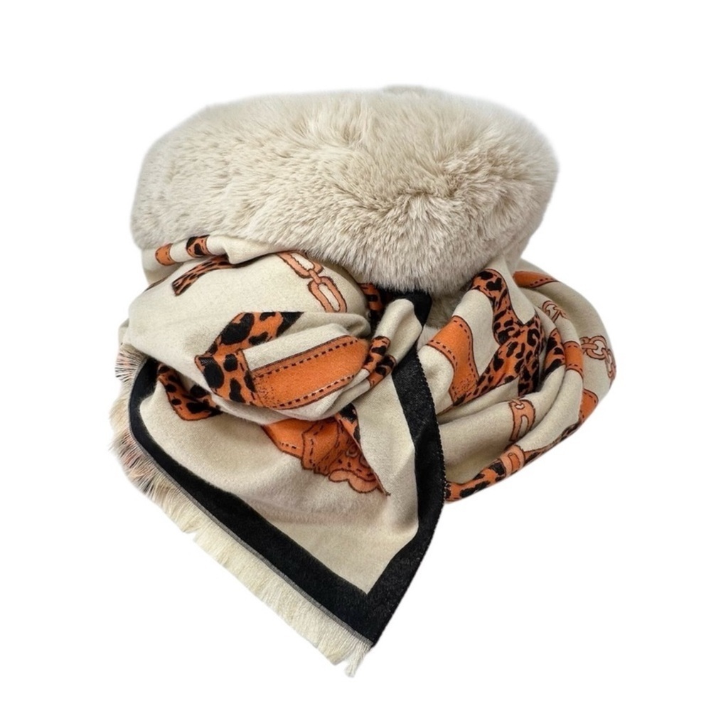 La Fiorentina Wrap with Faux Fur Trim Scarf Camel/Orange 72”x24” Leopard New NWT